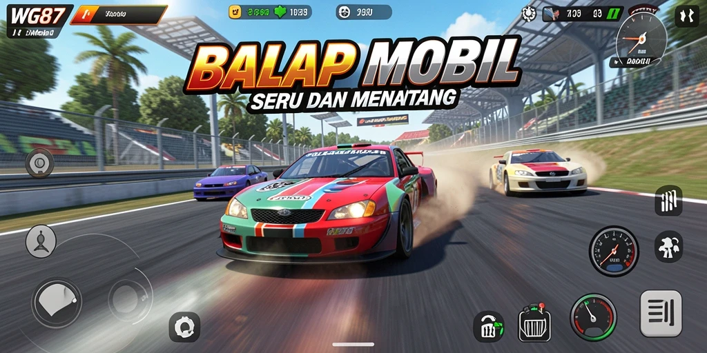 Antarmuka balapan WG87 yang menampilkan mobil dan lintasan dengan grafis menawan.